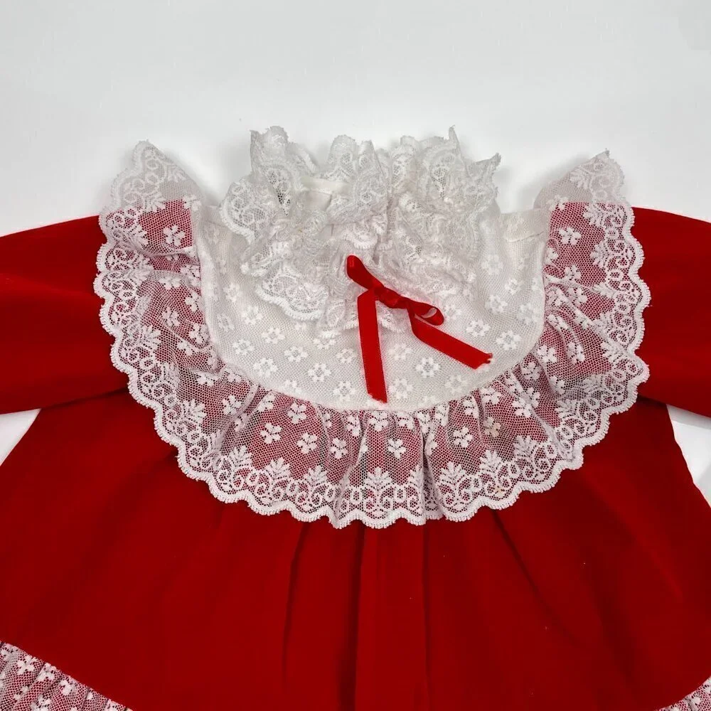 Vintage Toddler 18M Red Velvet and Lace Trim Christmas Dress w/ Bubble Sleeves